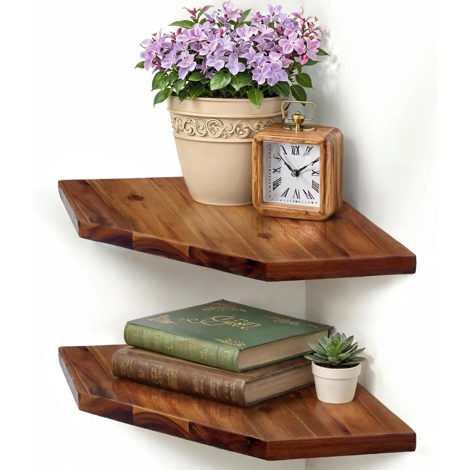 Corner Shelf Wall Mount, 2-Pack Acacia  Floating Corner Shelves | 11.8 x 16.5 in Wall Mounted Triangle Shelves for Bedroom, Living Room, Bathroom & Kitchen, Durable Storage Display Decor