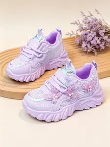 Little Girls Glitter Butterfly Pearl Chunky Sneakers, Kuromi Design Mesh Breathable Casual Shoes, Non-Slip Hook & Loop Kids School Running Trainers