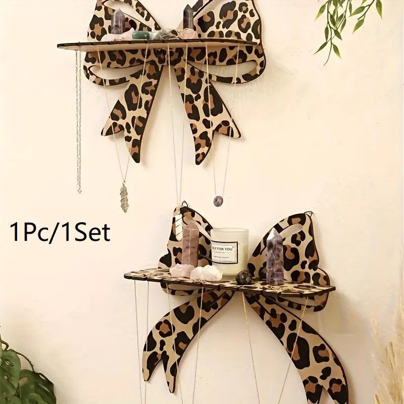 Leopard Print Bow Wall Shelf, Wooden Crystal Display Stand, Decorative Hanging Jewelry Rack for Bedroom Living Room Vanity