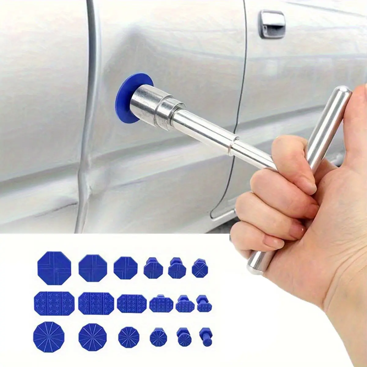 Car dent repair tool set, silver T-shaped handle, with 18 blue dent extraction plates (excluding glue), durable industrial grade quality, affordable price