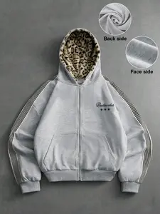 Men's Grayish Striped Sleeve Zipper Hoodie, Loose Oversized Drop Shoulder Jacket, Leopard Fleece Lining, Streetwear Warm Coat