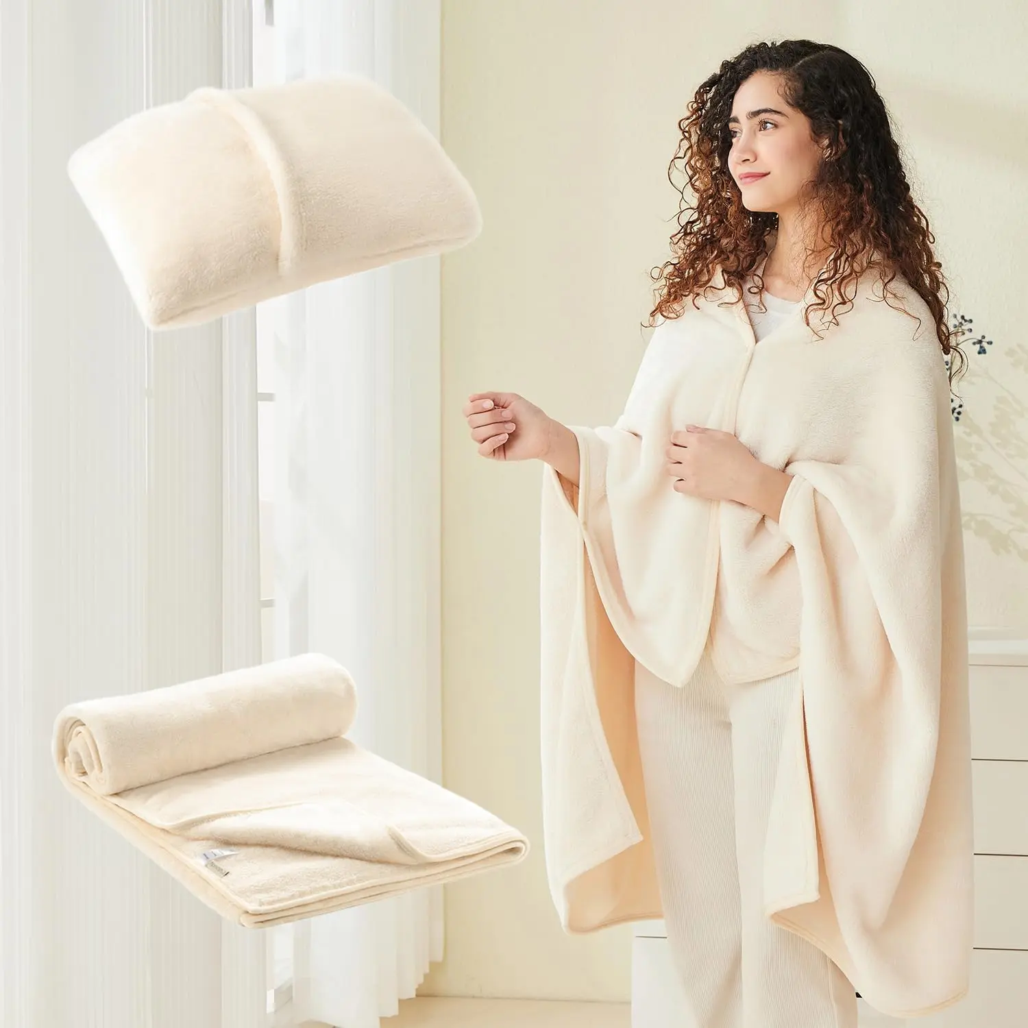 Shawl Blanket Pillow 2-in-1 with Sleeves for Office, Work, Home (Pearled Ivory, 40x60) - Wearable Adult Coat Poncho, Airplane Travel Set, Fleece Shoulder Wrap for Men and