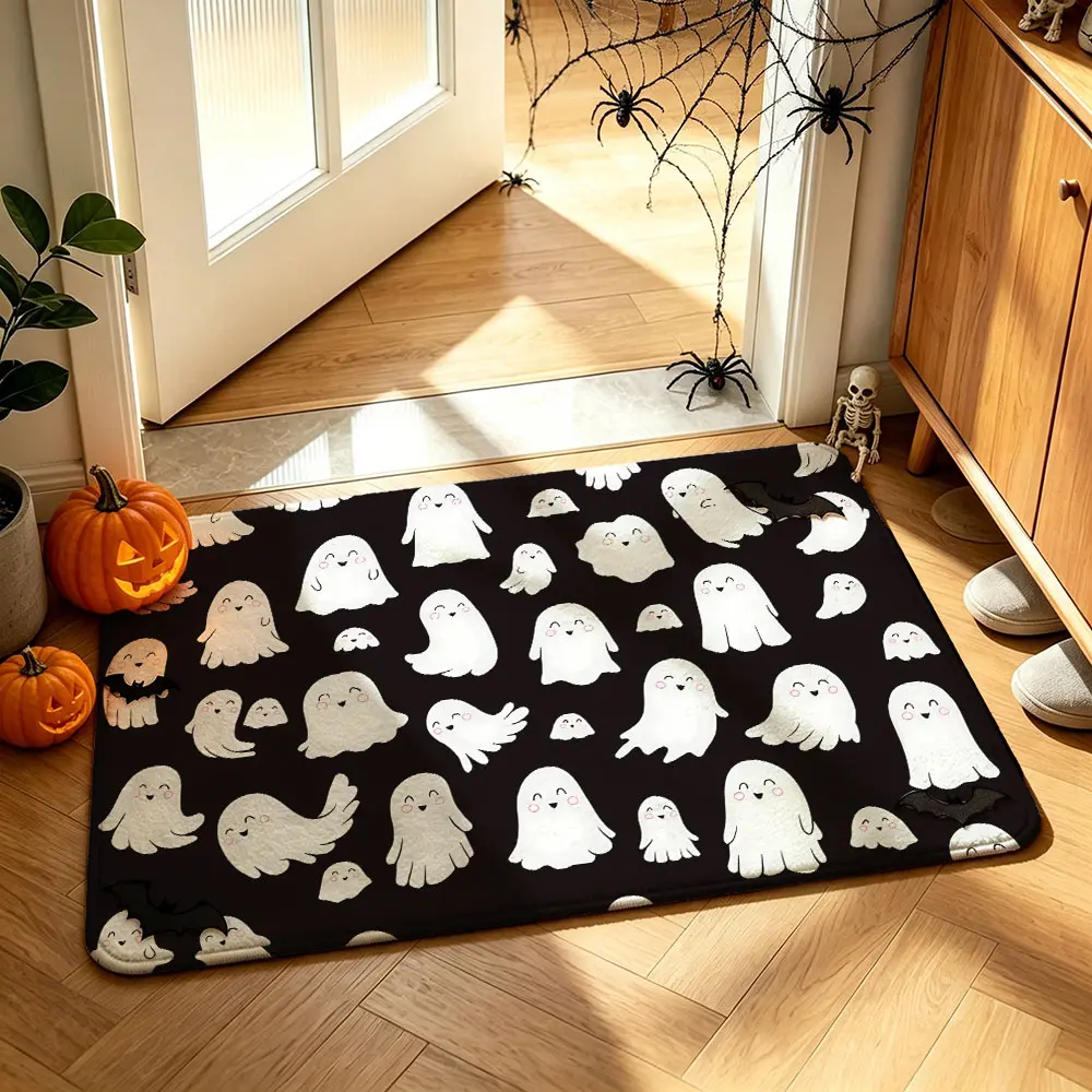 Rug Washable Doormats Indoor Outdoor Rugs with Minimalist White Ghost Black Background Design, for Layered Front Door Mats, Porch, Kitchen, Farmhouse, Entryway