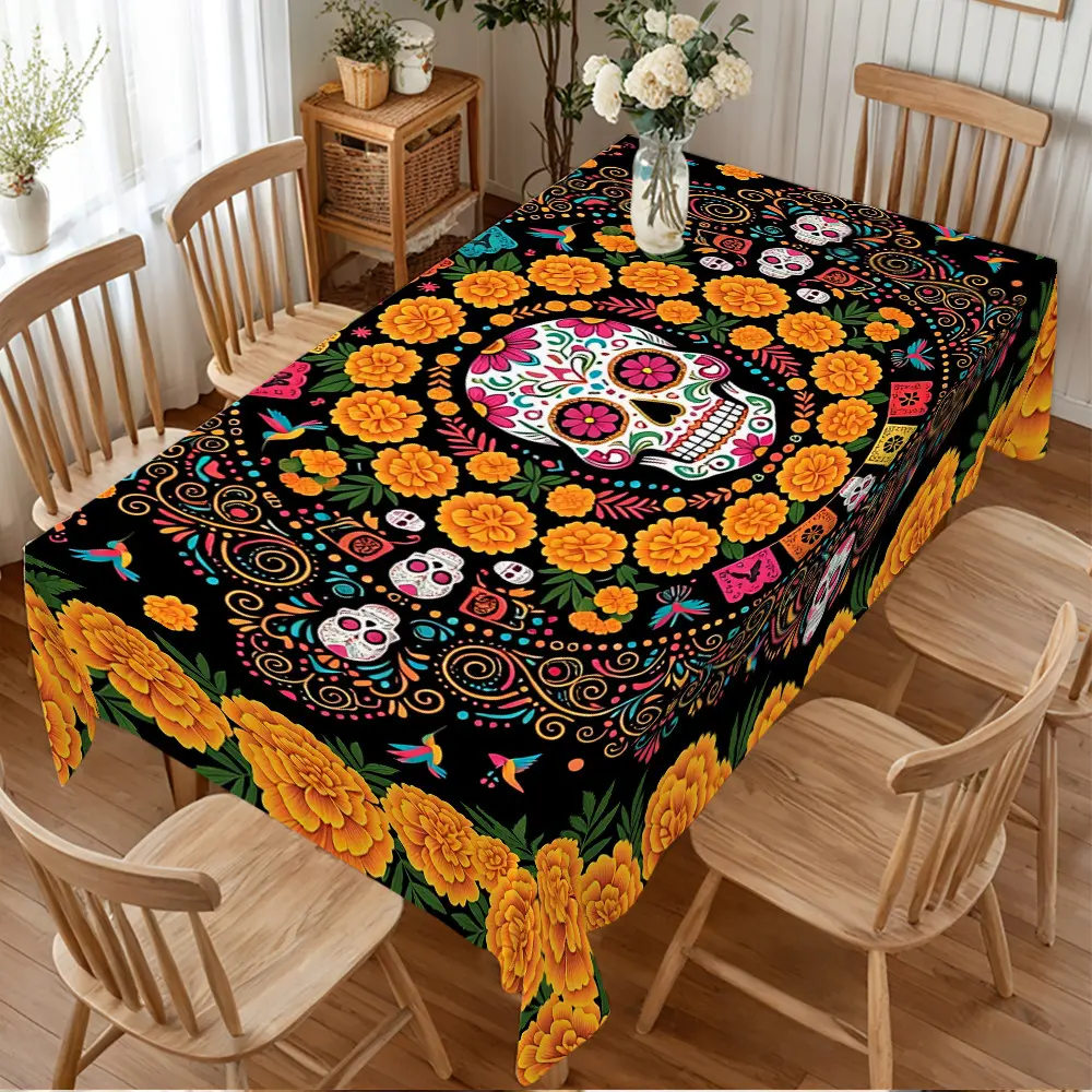 Dia de los Muertos Tablecloth, Colorful Sugar Skull with Marigold Flowers Papel Picado and Floral Pattern Print, Mexican Cultural Fiesta Table Cover for Party, Home Dining Decor