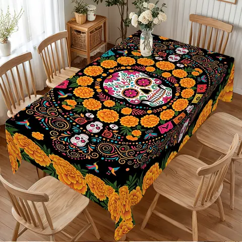 Dia de los Muertos Tablecloth, Colorful Sugar Skull with Marigold Flowers Papel Picado and Floral Pattern Print, Mexican Cultural Fiesta Table Cover for Party, Home Dining Decor