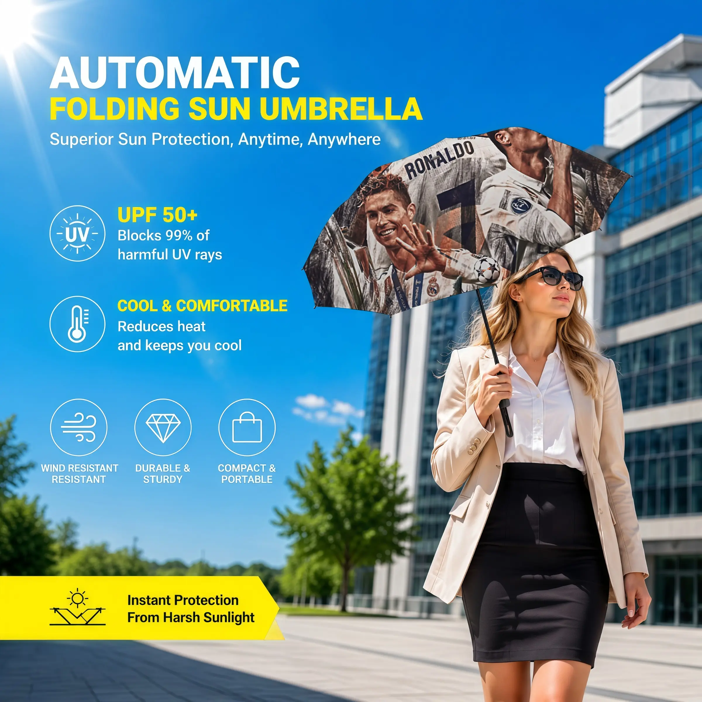 1pc Foldable Automatic Umbrella, Printed with Cristiano Ronaldo，rainproof and sun protection functions. Lightweight and portable, open and close automatically. Suitable for men and women, for daily use and an essential item for travel.