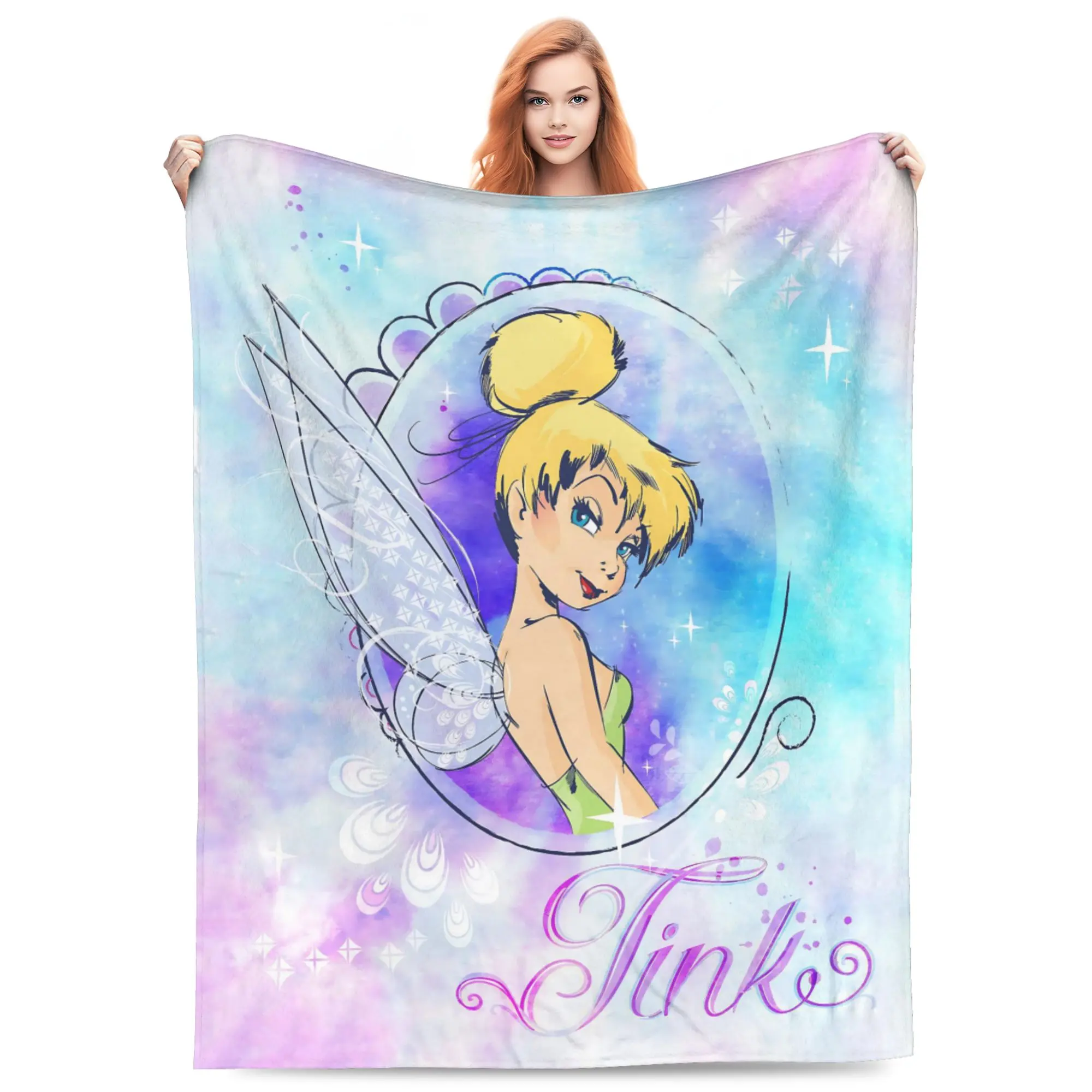 DISNEY CLASSIC Tinker Bell Tink Watercolor Pastel Throw Blanket, Fairy Sparkle Star Purple Blue Gradient Cartoon Print Flannel Fleece Blanket Soft Cozy Blanket for Sofa Bed Gift for Girls