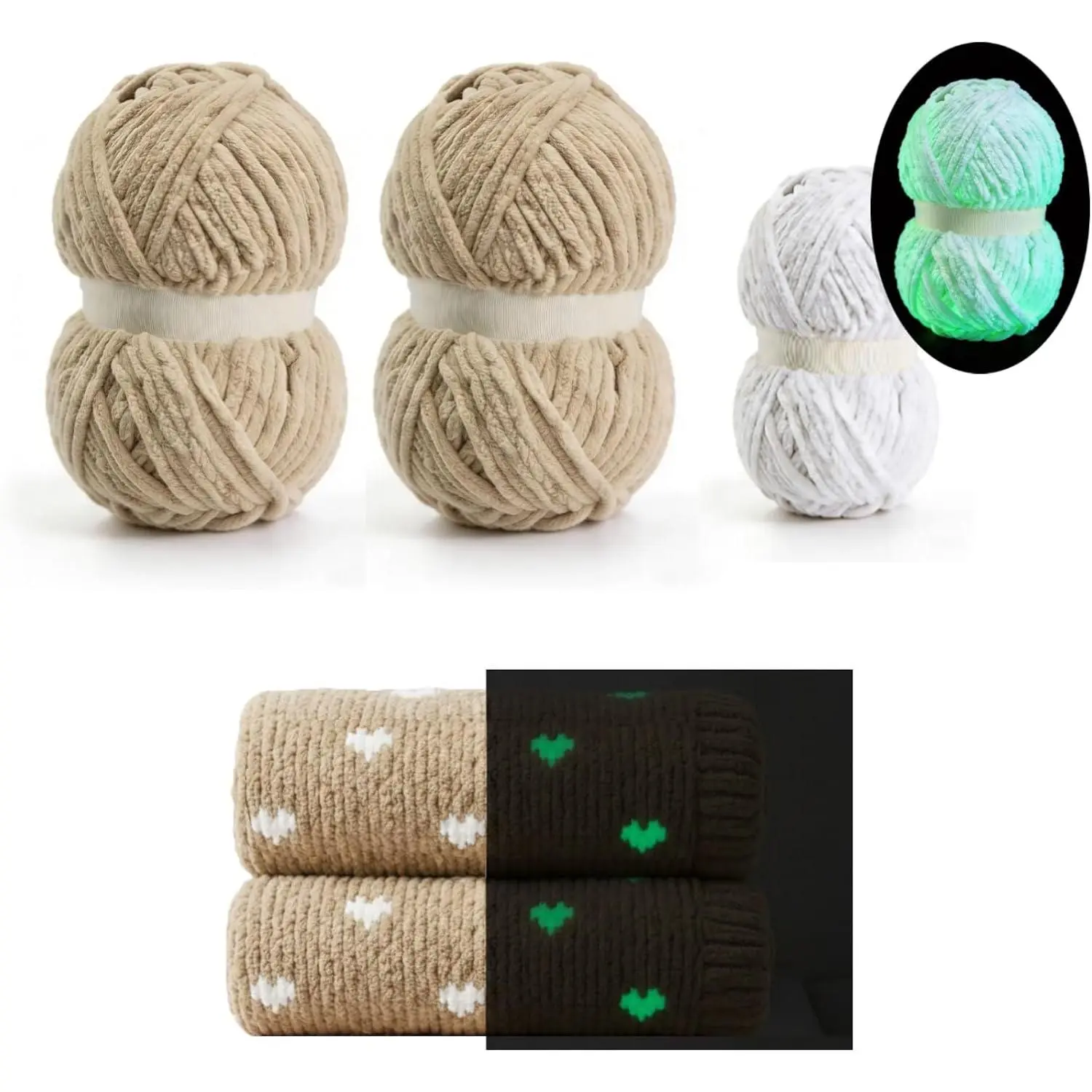 Glow in the Dark Chunky Yarn Bundle, Super Bulky Chenille Blanket Yarn for Crocheting, 3 Skeins (2 Solid Colors + 1 Glow Yarn) Soft Plush  Yarn for Knitting Creations, Khaki