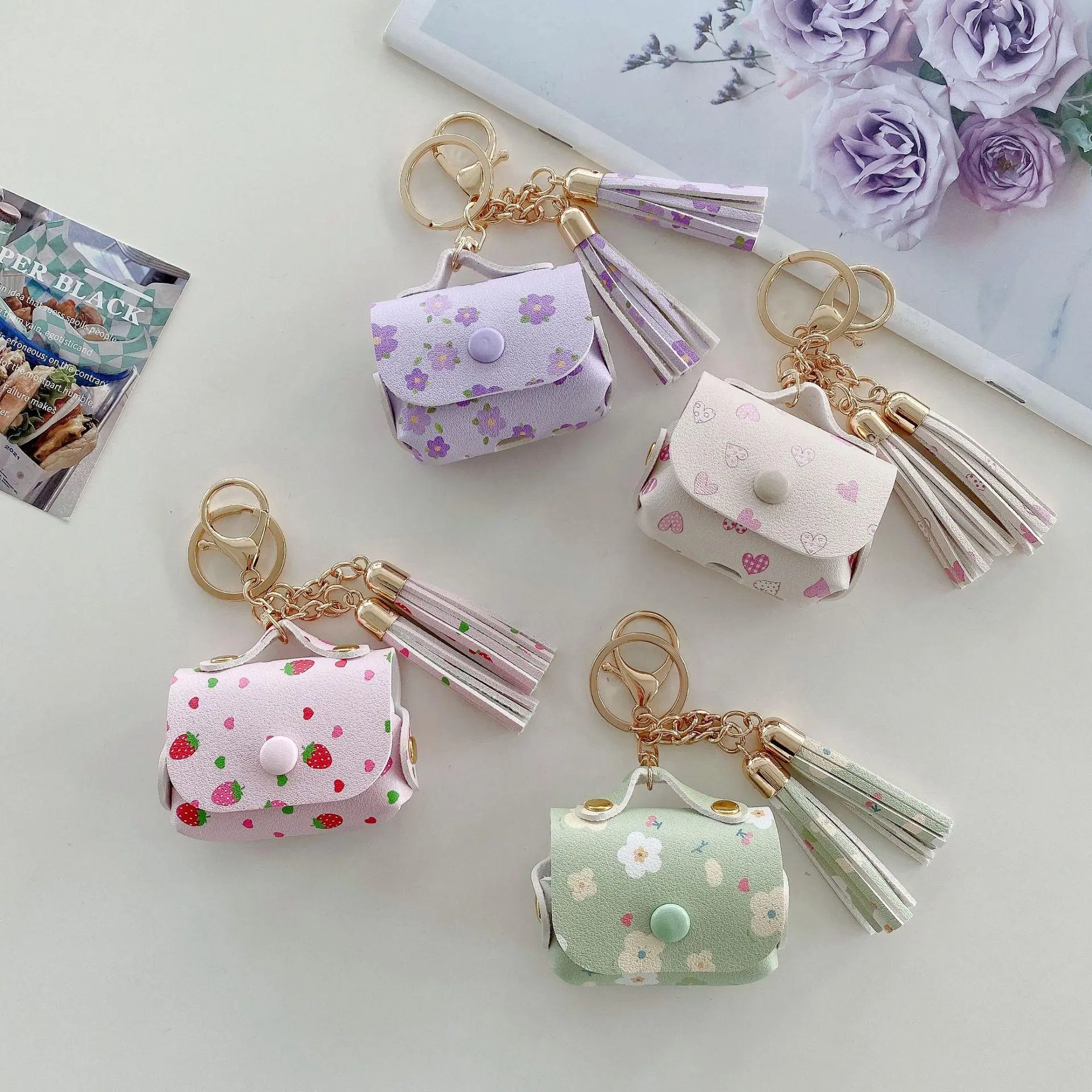 Women's Printed Tassel Faux Leather Bluetooth Earbuds Case - Luxury Vintage Shockproof Protective Pouch, Travel Luggage Accessories for Earbud Protection, Printed Tassels