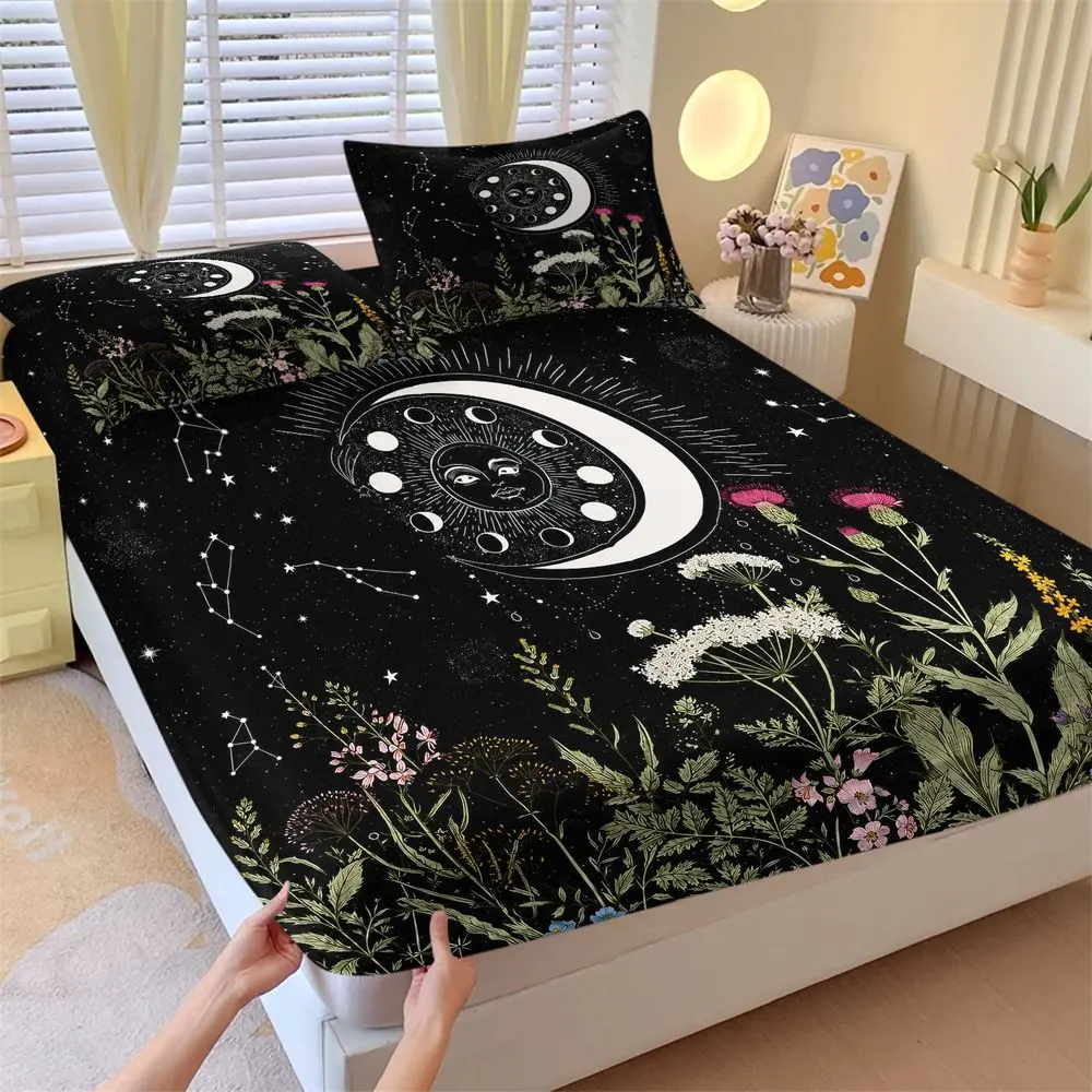 3Pcs Celestial Sun & Moon Fitted Sheet Set, Bohemian Floral Bedding Set, Mystical Galaxy Stars Bed Sheets Set, Soft Microfiber Bed Decor for Bedroom, Teen Girls Room Aesthetic No Fillers