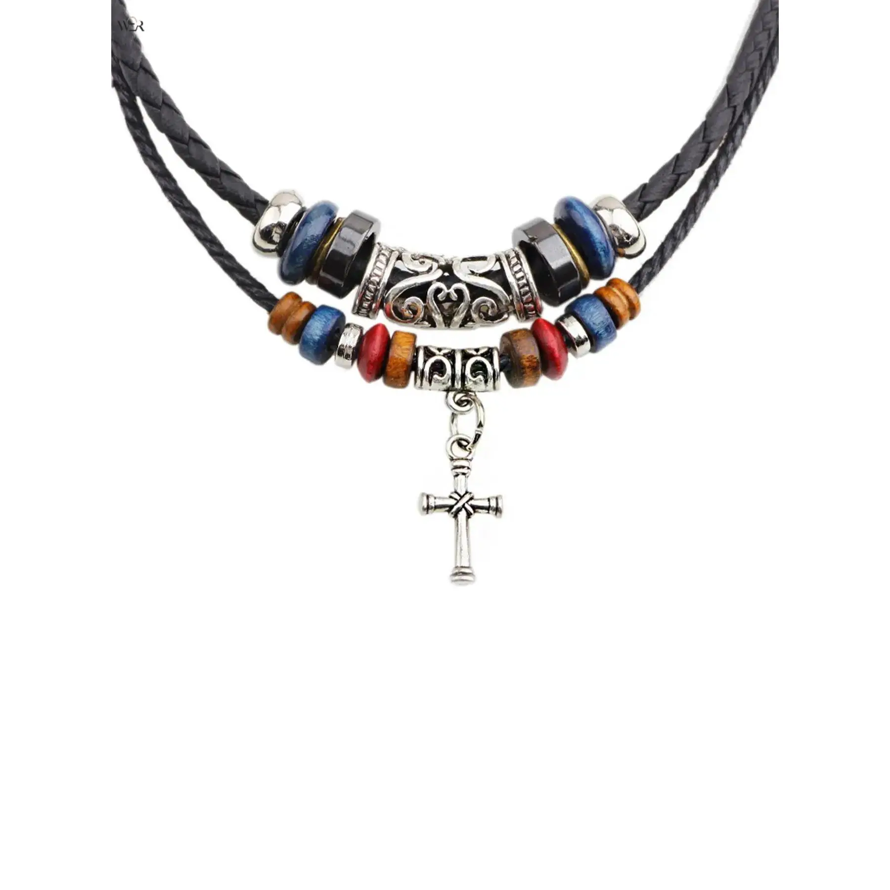 81cm Adjustable Braided Leather Cord Cross Pendant Necklace 16g, Retro Ethnic Multi Wood Metal Bead Layering Chain, Vintage Religious Casual Street Unisex Neck Jewelry Gift