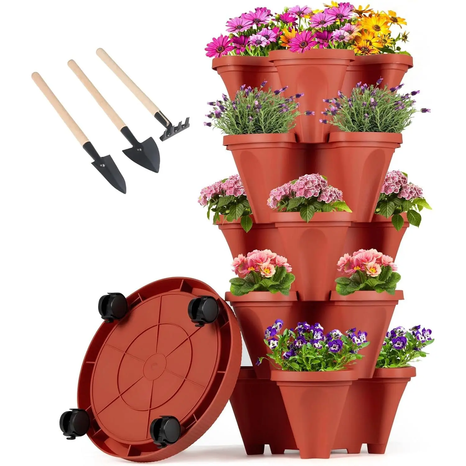 Vertical Planter Tower - 5 Tier Stackable Garden Planters with Wheels and Tools Plant Pots for Strawberry Herb Flower and Vegetable Indoor Outdoor Use Red