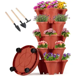 Vertical Planter Tower - 5 Tier Stackable Garden Planters with Wheels and Tools Plant Pots for Strawberry Herb Flower and Vegetable Indoor Outdoor Use Red