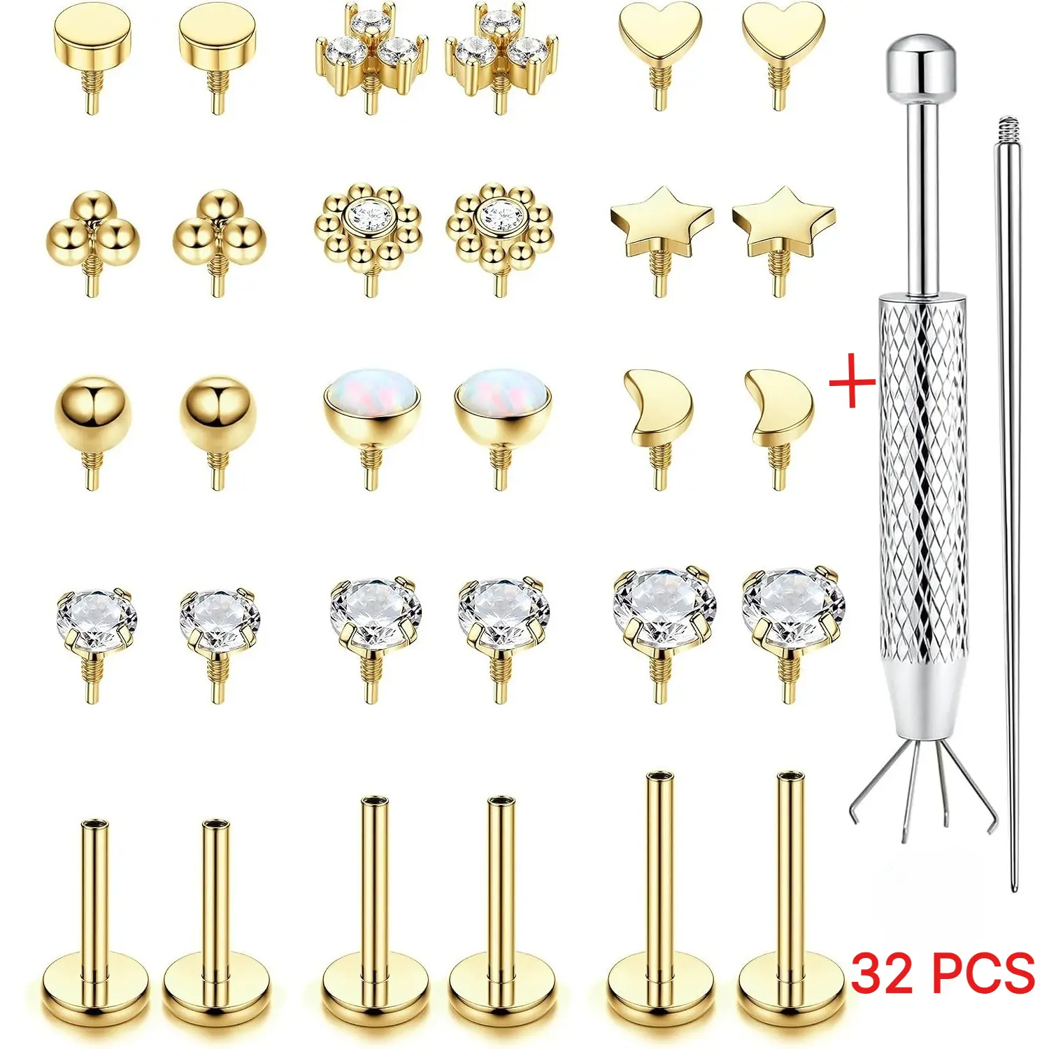 FIBO STEEL 32 Pcs Stainless Steel Flat Back Stud Earrings for Women Girls 16G 18G Internal Thread Stud Piercing Jewelry for Tragus Helix Cartilage Conch Nose Lip Labret Medusa Piercing with Tools