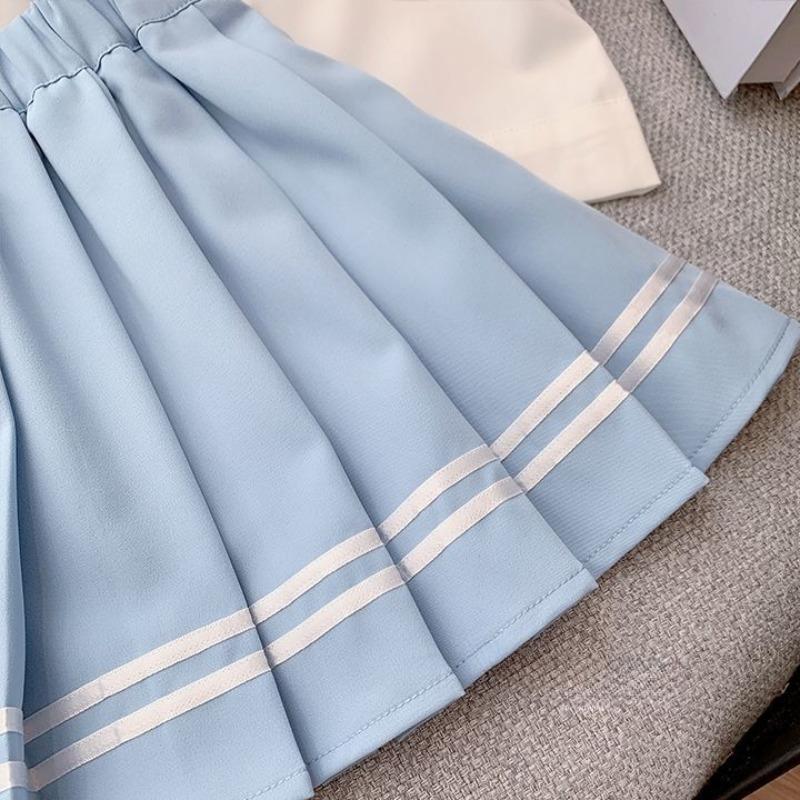 Summer Children Girls Student Uniform Set JK Mandarin Collar Tshirts and Pleated Skirts 2 Pieces Suit Kid Top Bottom Clothes