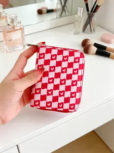 Korean Style Heart Checkered Short Wallet, New PU Leather Zipper Card Holder Slot, Student Daily Fashion Coin Purse