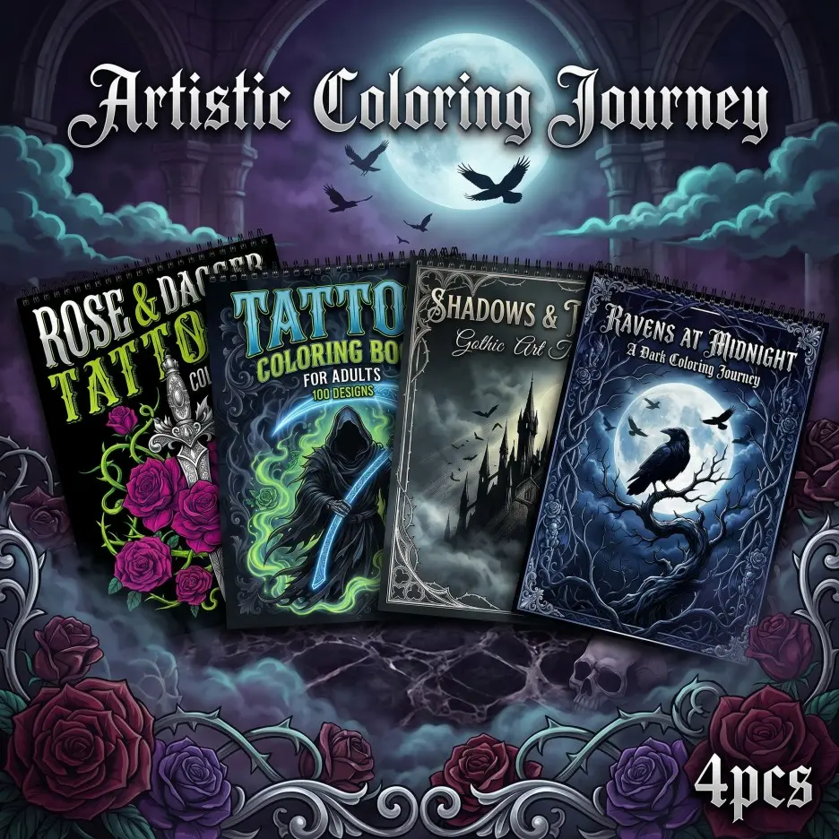 4PCS Adult Coloring Books - MIDNIGHT, ROSE&DAGGER, Ravens At Midnight Themes | Intricate Designs | Spiral-Bound, 11.2x8.27 inches, Single-Sided Printing | Thick Paper | Stress Relief & Relaxation | Gift for Christmas, Birthdays & Holidays