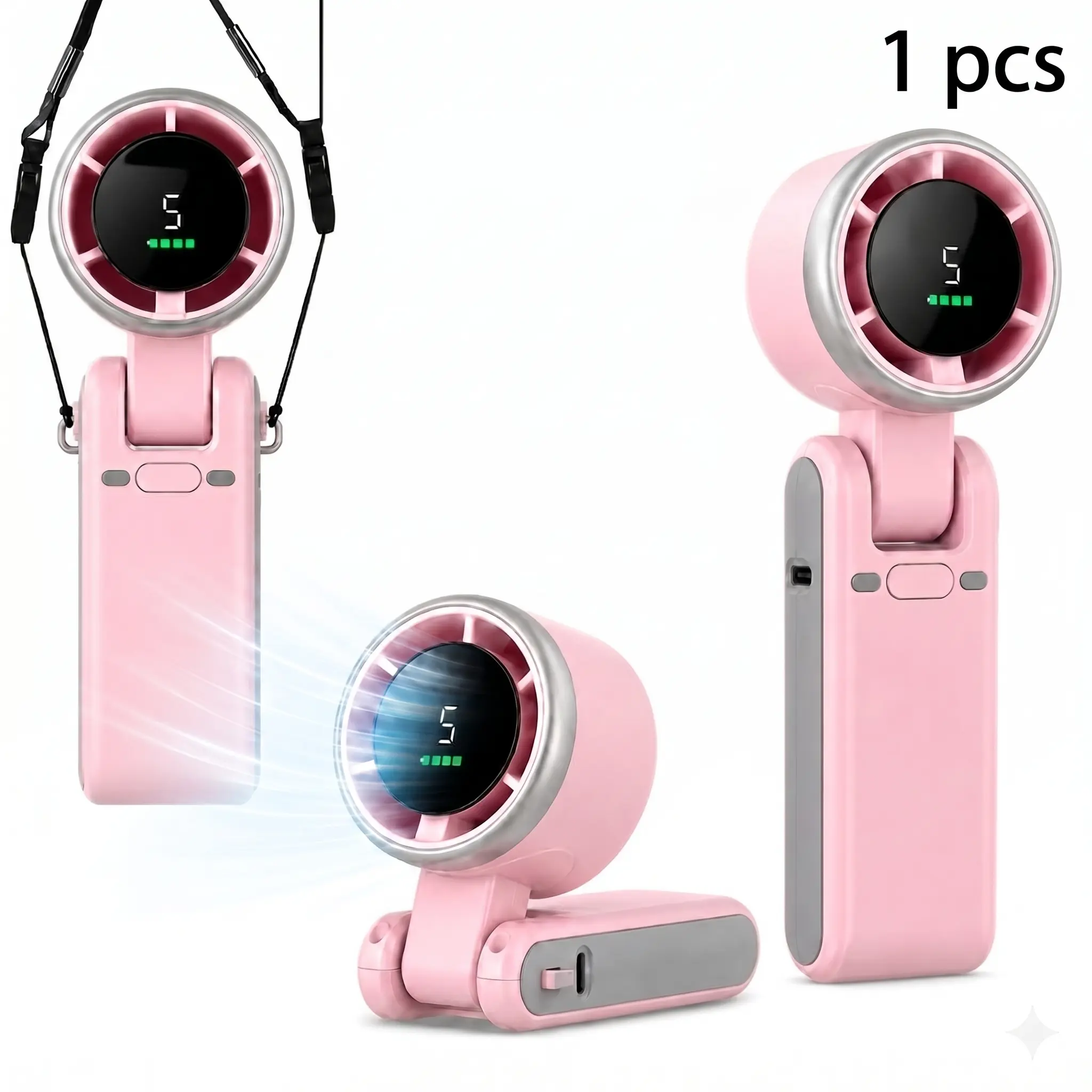 Portable Handheld Turbo Fan, 5-Speed Rechargeable Mini Fan with Digital Display, Foldable Pocket Fan for Travel & Outdoor