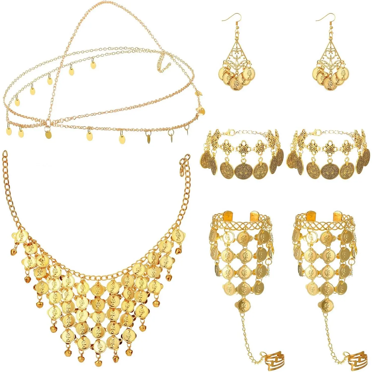 Belly Dance Jewelry Set Women Belly Dance Gold Sequins Head Chain Coins Necklace Earrings Bracelets Bohemian Tassel Anklet Chain Hand Ring Bracelet Anklet Coin Veil Necklace
