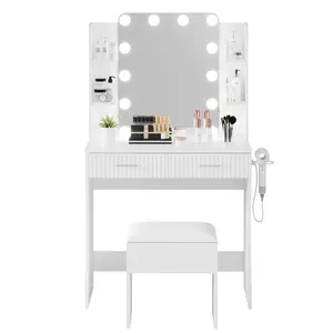 Vanity Desk with LED Lighted Mirror & Power Outlet with 3 Color Modes & Adjustable Brightness, 2 Drawers & 4 Storage Shelves, for Makeup VanityBedroom, Bathroom