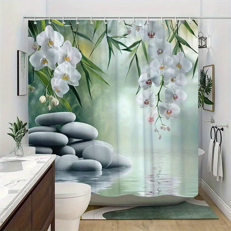1 piece orchid and pebble printed polyester shower curtain, bathroom decoration and accessories, printed room partition for home decoration (including 12 hooks, excluding shower curtain rod)