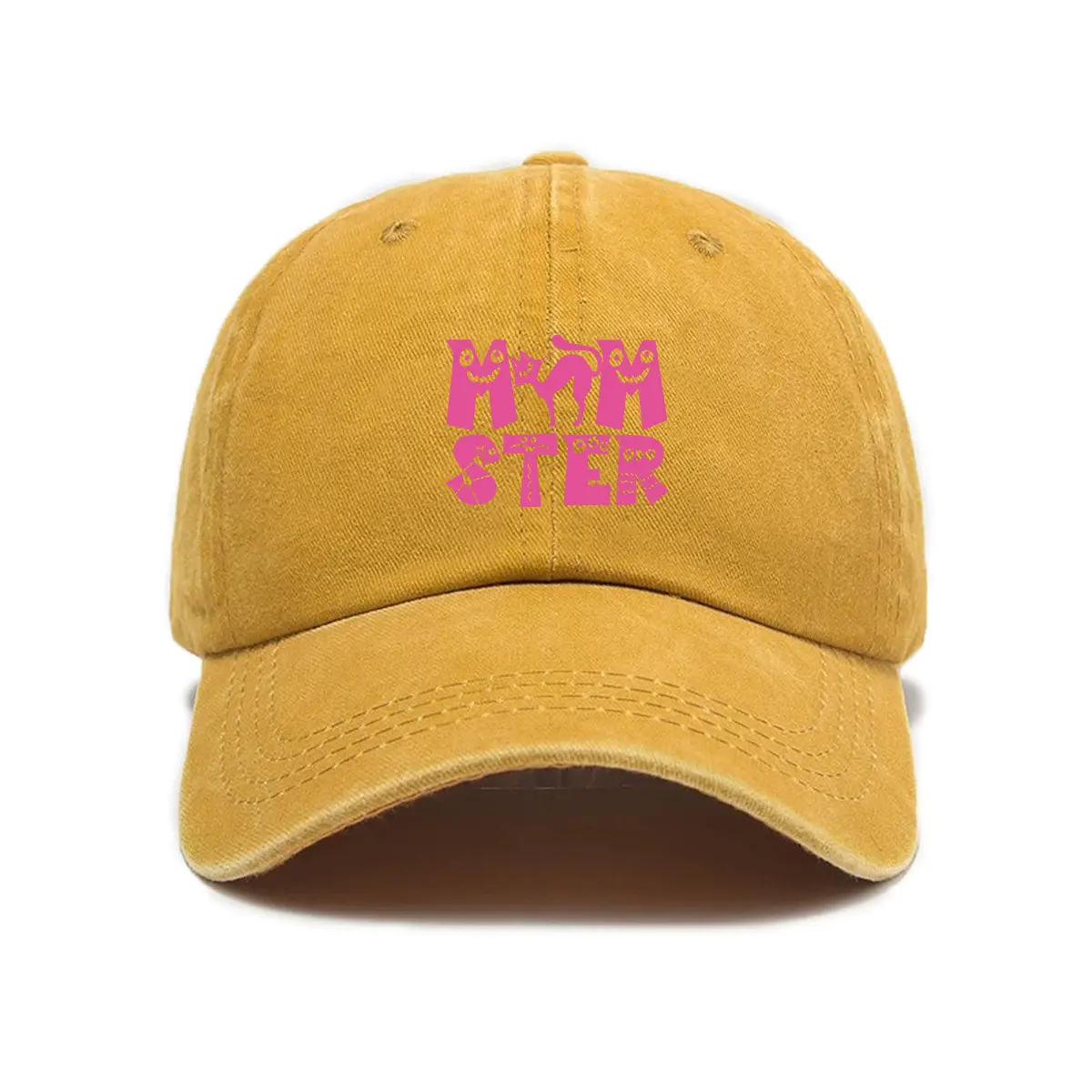 Mustard Yellow Washed Cotton Trucker Hat - Unisex Funny Momster Graphic Print Cap, Adjustable Summer Sun Shield, Trendy Streetwear Casual Headwear, Great Gift for Parents