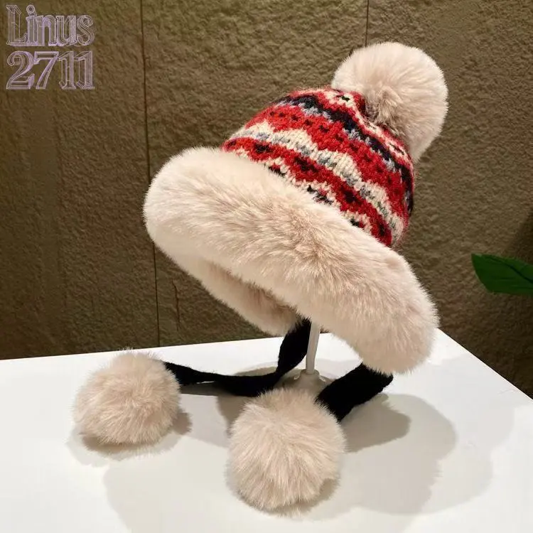 Nordic Fair Isle Knit Pom Pom Ear Flap Hat Faux Fur Lined Winter Warm Trapper Hat Windproof Cold Weather Travel Hat