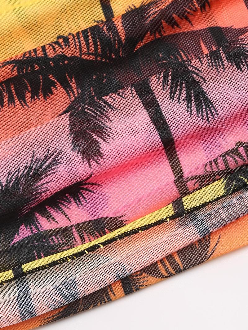 Women's Vacation Palm Tree Printed Halter Bikini Set With Tie Strings And Matching Bikini Set Cover-Up Skirt, Random Print, 4pcs/Set Summer Beach