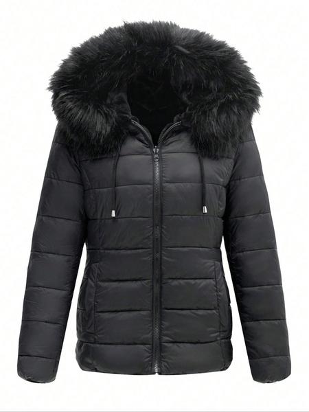 Women's Plus Size Hooded Jacket with Faux Fur Lining, Casual Fall & Winter Reversible Padded Coat, Warm Woven Fabric Outerwear