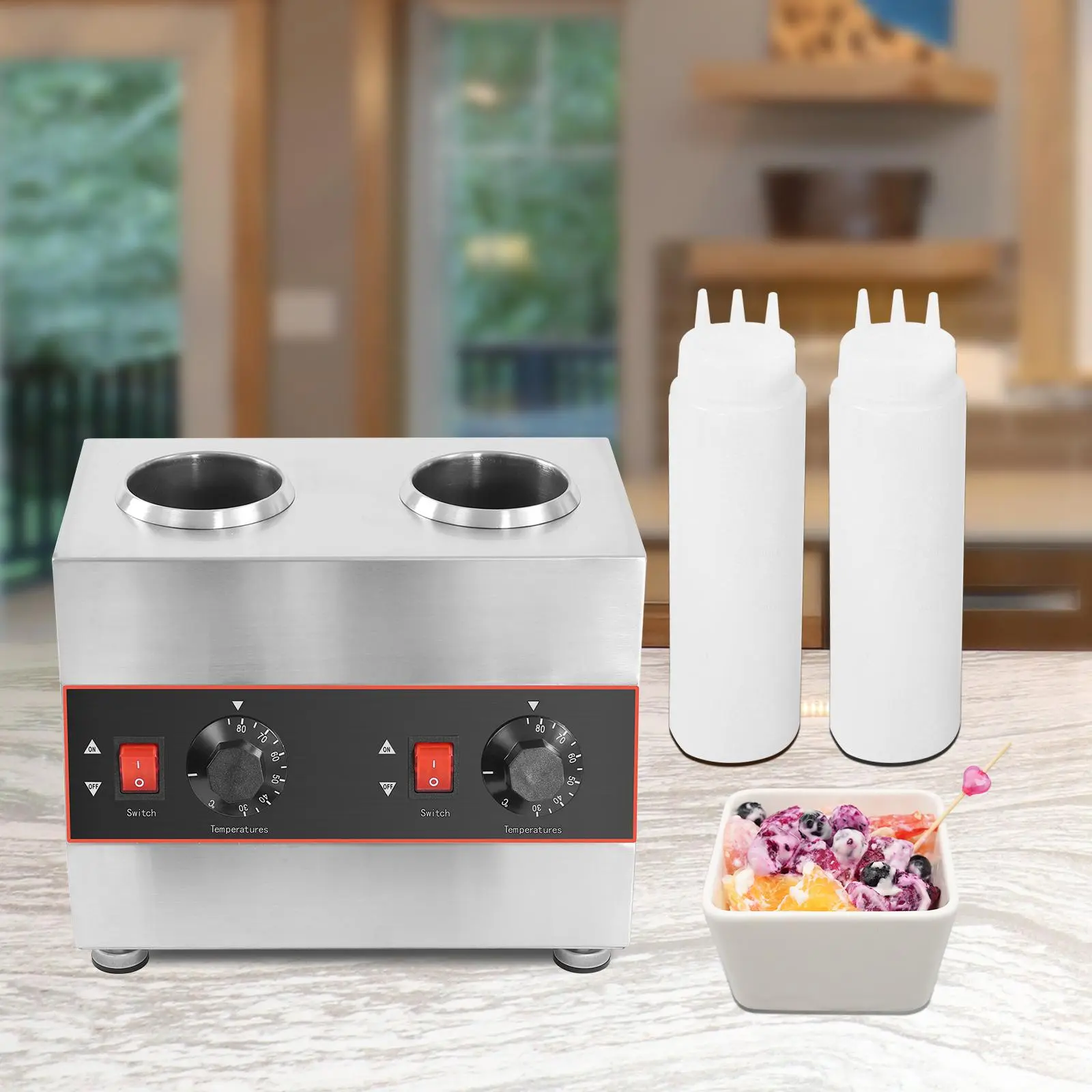 Electric Sauce Warmer Dispenser,320W Hot Fudge Warmer Dispenser Cheese Sauce Dispenser Warmer with 2 Squeeze Bottles,Chocolate Sauce Warmer Jam Heat Preservation Machine,Single Bottle 0.14Gal Kitchen Gadgets Utensils