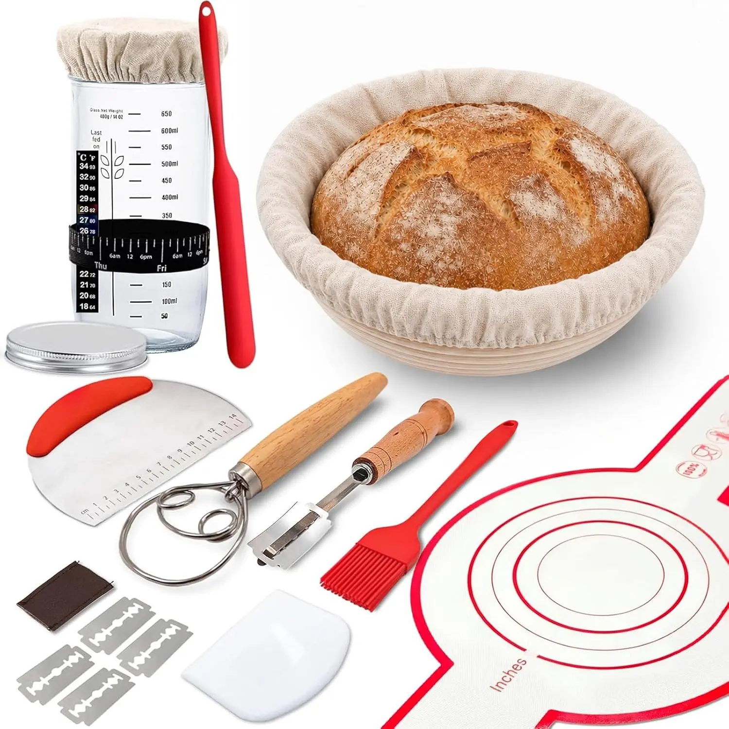 Complete Sourdough Starter Kit, 15- Set | 700ml Glass Jar, 9" Rattan Banneton Basket & 13  Tools, Ideal -In- Bread Baking Set For Beginners