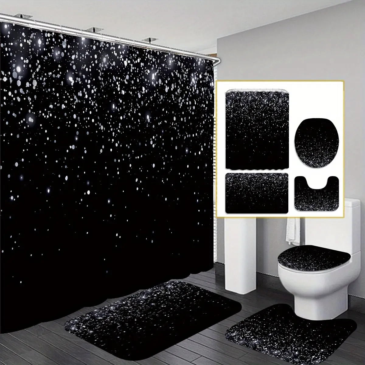 4-piece set, charming night theme pattern celestial shower curtain, starry night shower curtain set combination, shower curtain set with 12 hooks, suitable for next to the bathroom, U-shaped bathroom mat, bathroom cover mat, suitable for all seasons