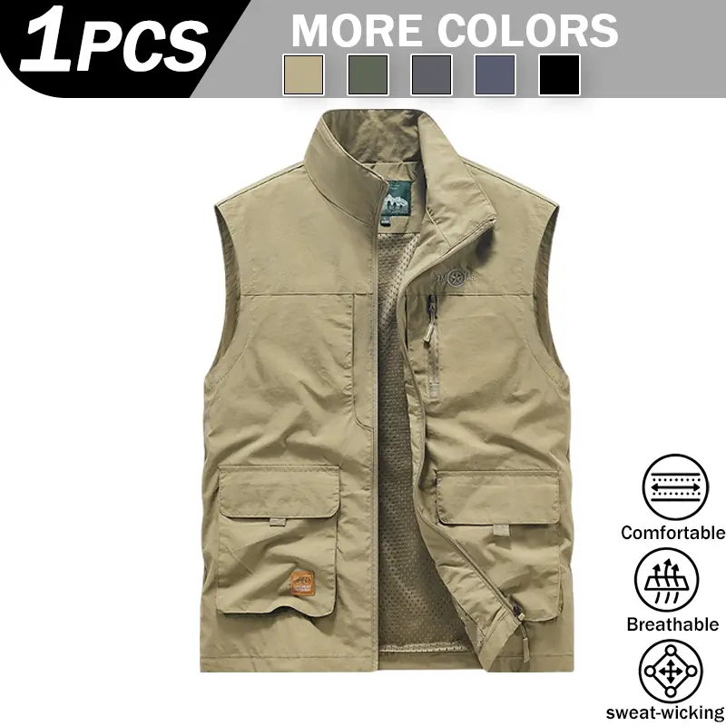 Men Nylon Multi Pocket Utility Fishing Vest, Summer Mesh Breathable Sleeveless Waistcoat, Outdoor Casual Cargo Gilet for Hiking Camping Photography Travel