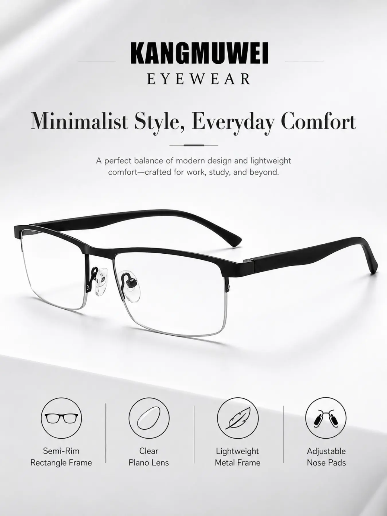 Kangmuwei Classic Business Half Frame Glasses, Unisex Lightweight Daily Wear Fashion Decorative Eyewear, Versatile and Stylish Design