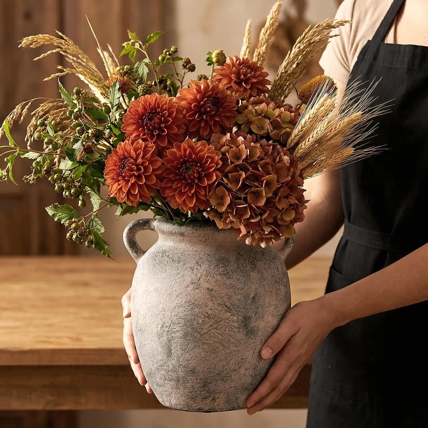 7.28 Inch Vintage Large Ceramic Flower Vase| Handle Pottery Terracotta Vases for Living Room Dining Bedroom Table Decor Festive Decor Housewarming Gift