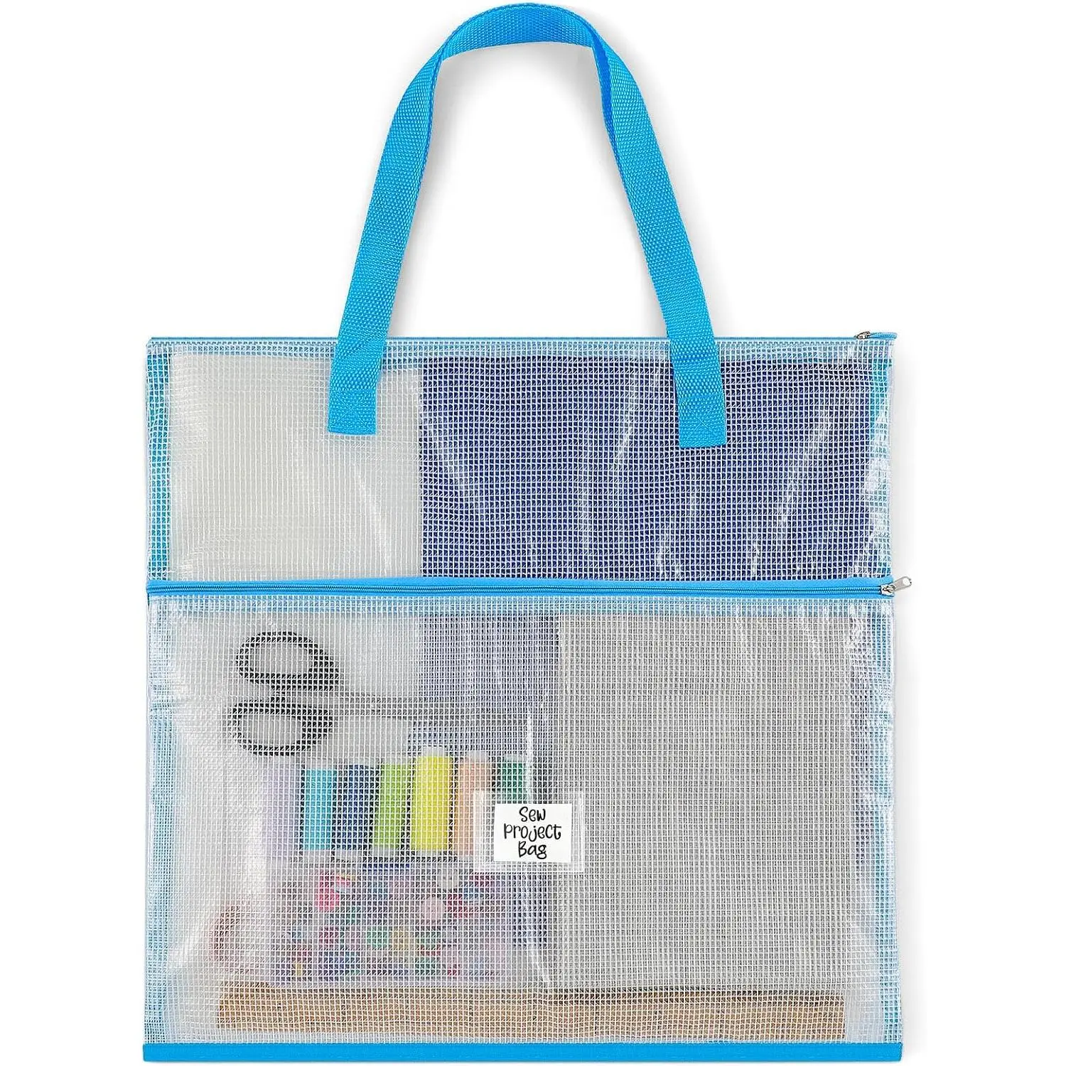 16.1x16.1inch Sew Project Bag  Needlepoint Project Bag for Sewing Quilting Craft Organizer Storage Portable Vinyl Mesh Zipper Pouch with Handle for Quilter Crafter Art Stitching(Blue)