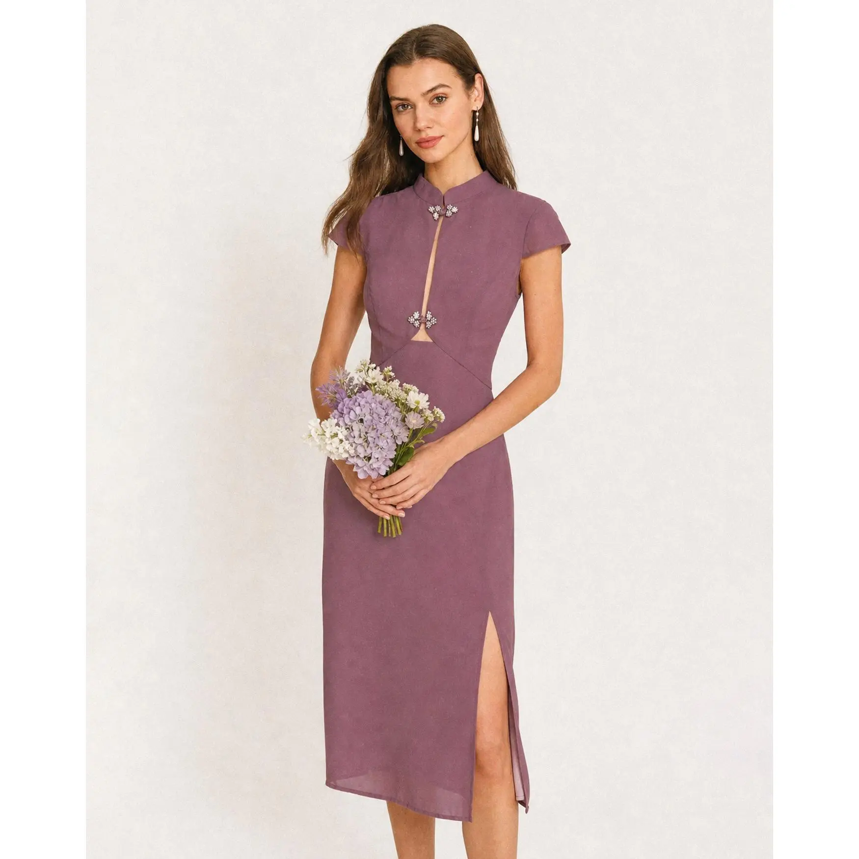 Purple Mandarin Collar Chiffon Midi Dress