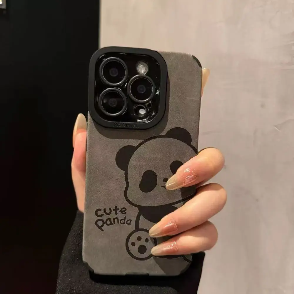 Cute Panda Print Phone Case for iPhone 17 16 15 14 13 12 11 XS Max, Dark Grey Faux Leather TPU Shockproof Protective Cover Minimalist Cartoon Panda Anti-Drop Phone Shell