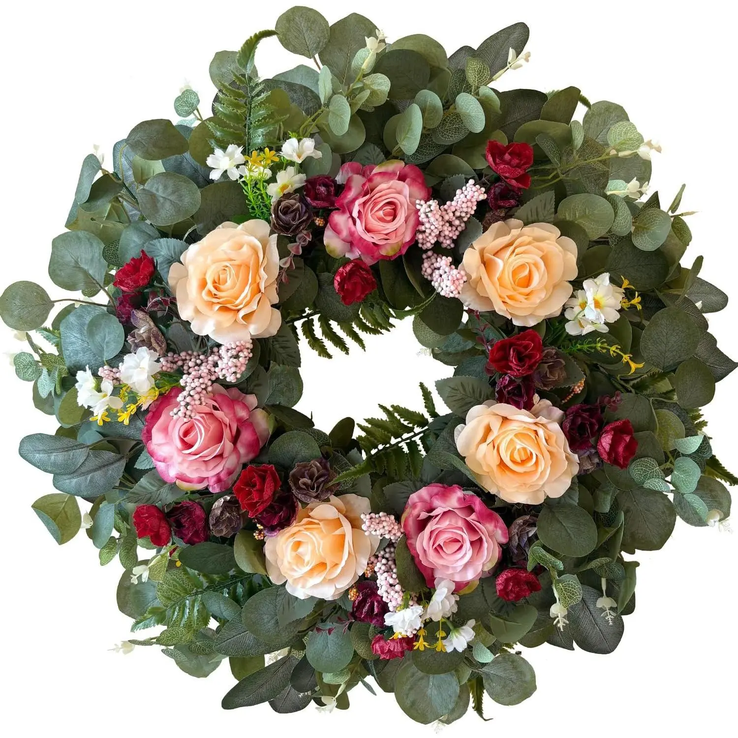 24 Inch  Champagne Rose Spring Wreath for Front Door | Burgundy Rose and Eucalyptus Leaves, Ideal for Summer ,Fall ,Mother's Day, Valentine's Day, Indoor Outdoor Decor
