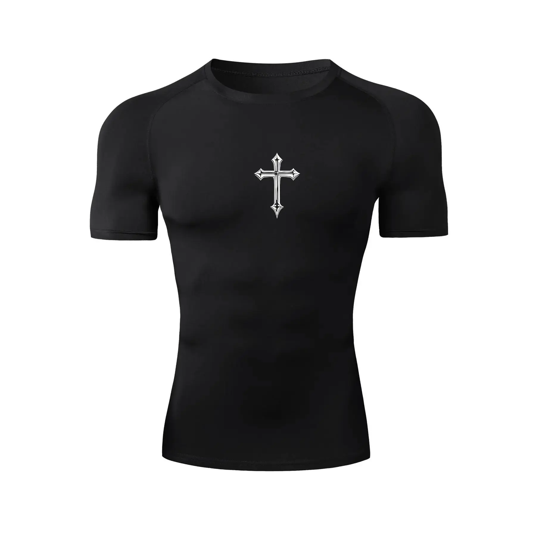 Men's Cross Print Short Sleeve Compression Shirt, Gym Workout Fitness Running Sports T-Shirt Tees, Summer Quick-Dry Breathable Round Neck Shirt, Tight Fit Sportswear Activewear, Athletic Compression Shirts, Gym Top, Fitness Apparel, Fitness Clothes
