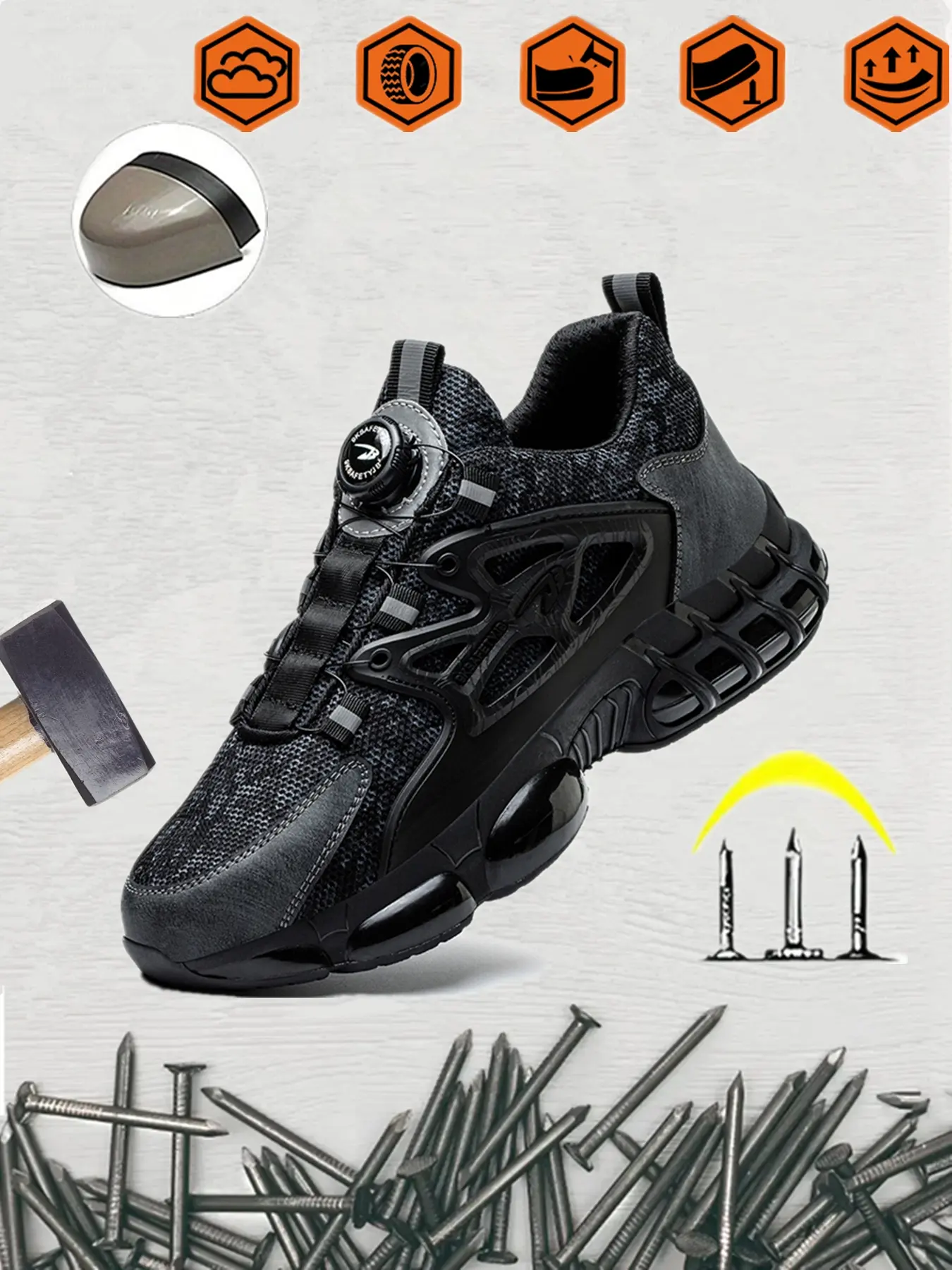Breathable Industrial Construction Safety Shoes for Men, Crush & Puncture Resistant Steel Toe Footwear, Durable Slip Resistant Steel Toe Work Shoes, Lightweight Long-Lasting Breathable Protective Safety Work Shoes
