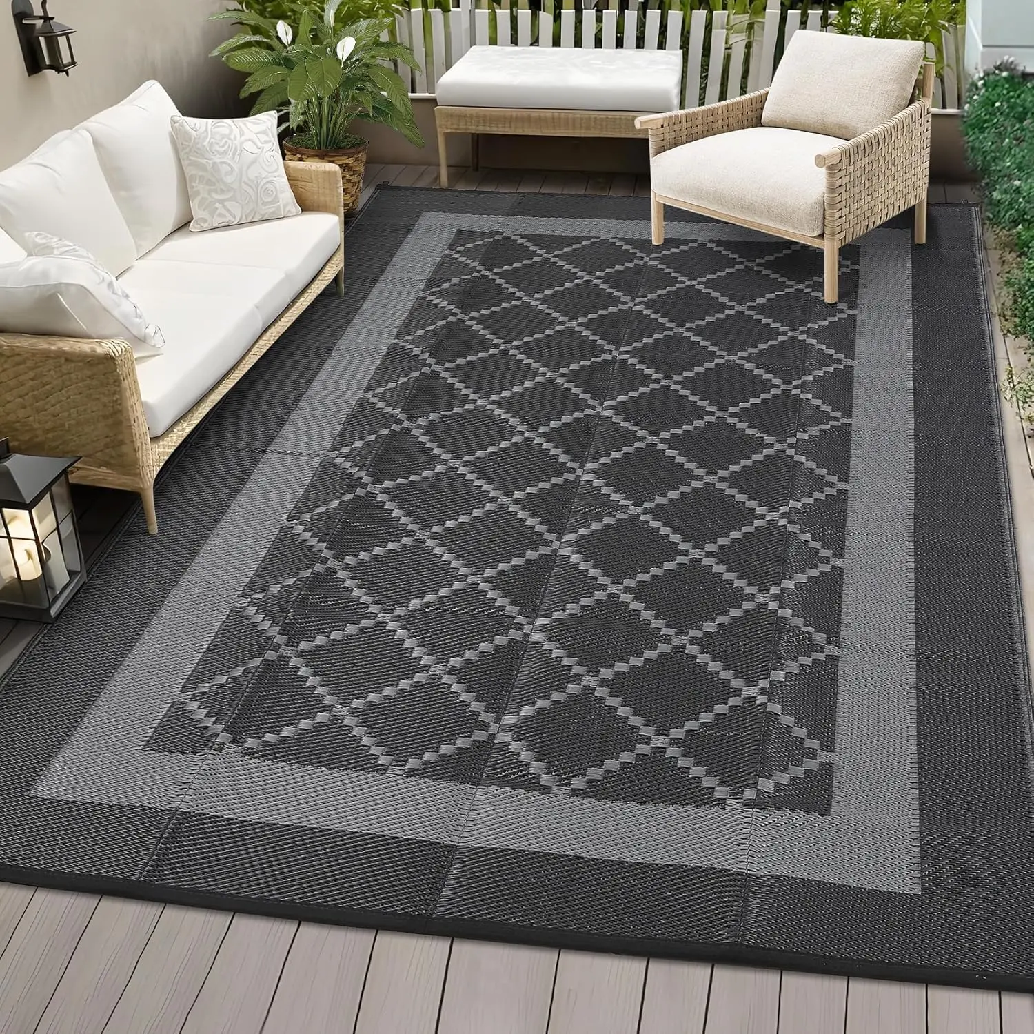 Waterproof Reversible Outdoor Plastic Straw Rug - Large Modern Washable Non-Slip Abstract Graphic Beach House Picnic Mat, with Portable Bag & 4 Stakes for Deck, Campfire/BBQ Party, RV Use, Abstract Graphic Picnic Mats