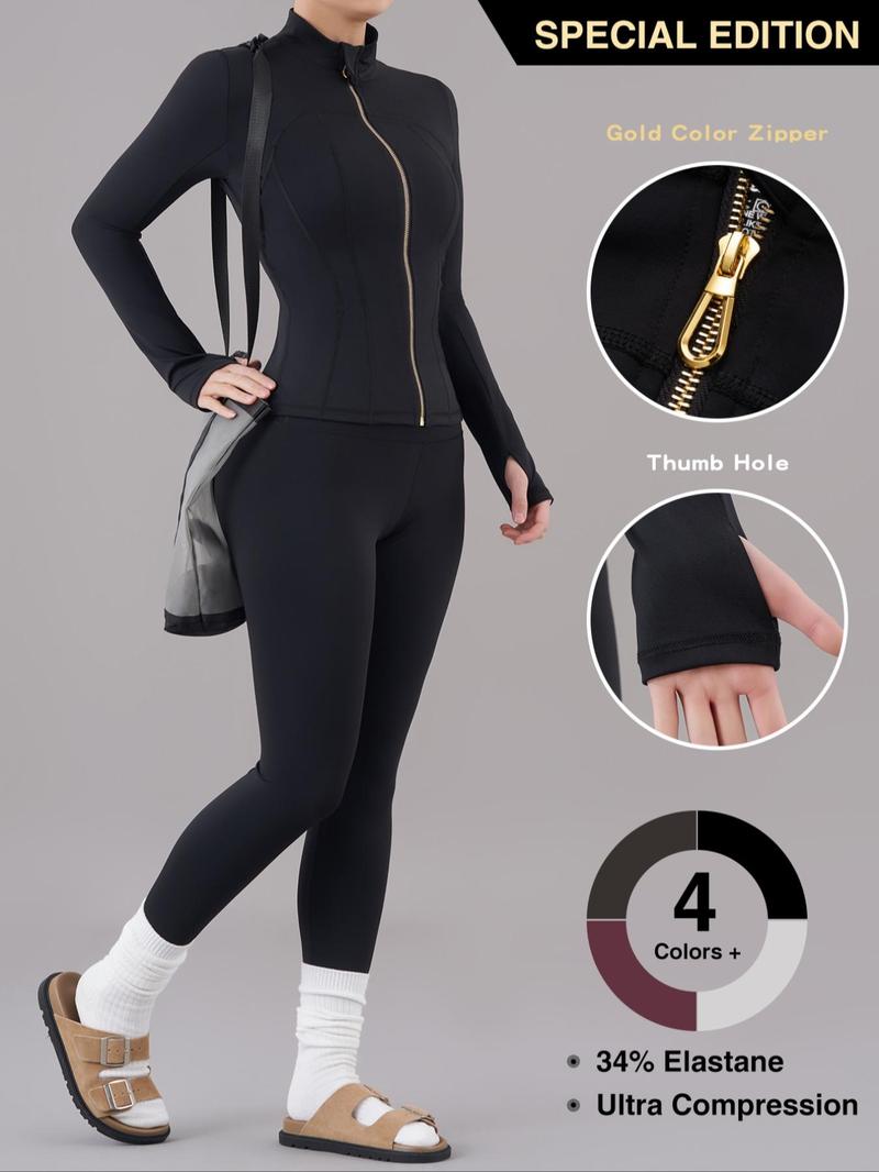Women's Solid Zip Up Jacket & High Waist Leggings Tracksuit Set, Sporty Breathable Comfy Outfits for Yoga Gym Workout Running, Ladies Sportswear for All Seasons and Outdoor Wear