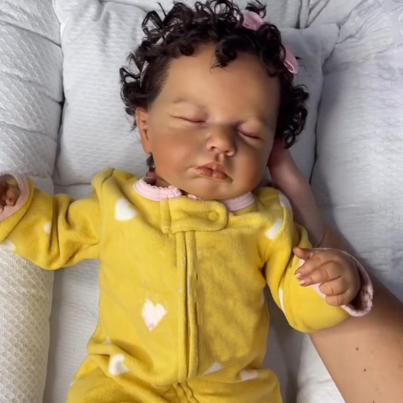 Whimsy & Wit-48cm/19inch Asleep  Baby Doll Toy| Black Brown Skin Vinyl Limbs Cloth Body, Lifelike Fashion, Birthday Gift Play House Toy (Including Pacifier, Diaper, and Bottle),Realistic Weighted  Baby Doll,Girl Gift Reborn sleeping