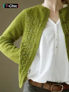 Women's Plain Hollow Out Button Front Cable Knit Cardigan, Chic Casual Long Sleeve Round Neck Fit Cardigan for Spring & Fall, Women's Knit Clothing for Daily Wear, Knitwear, Fitted