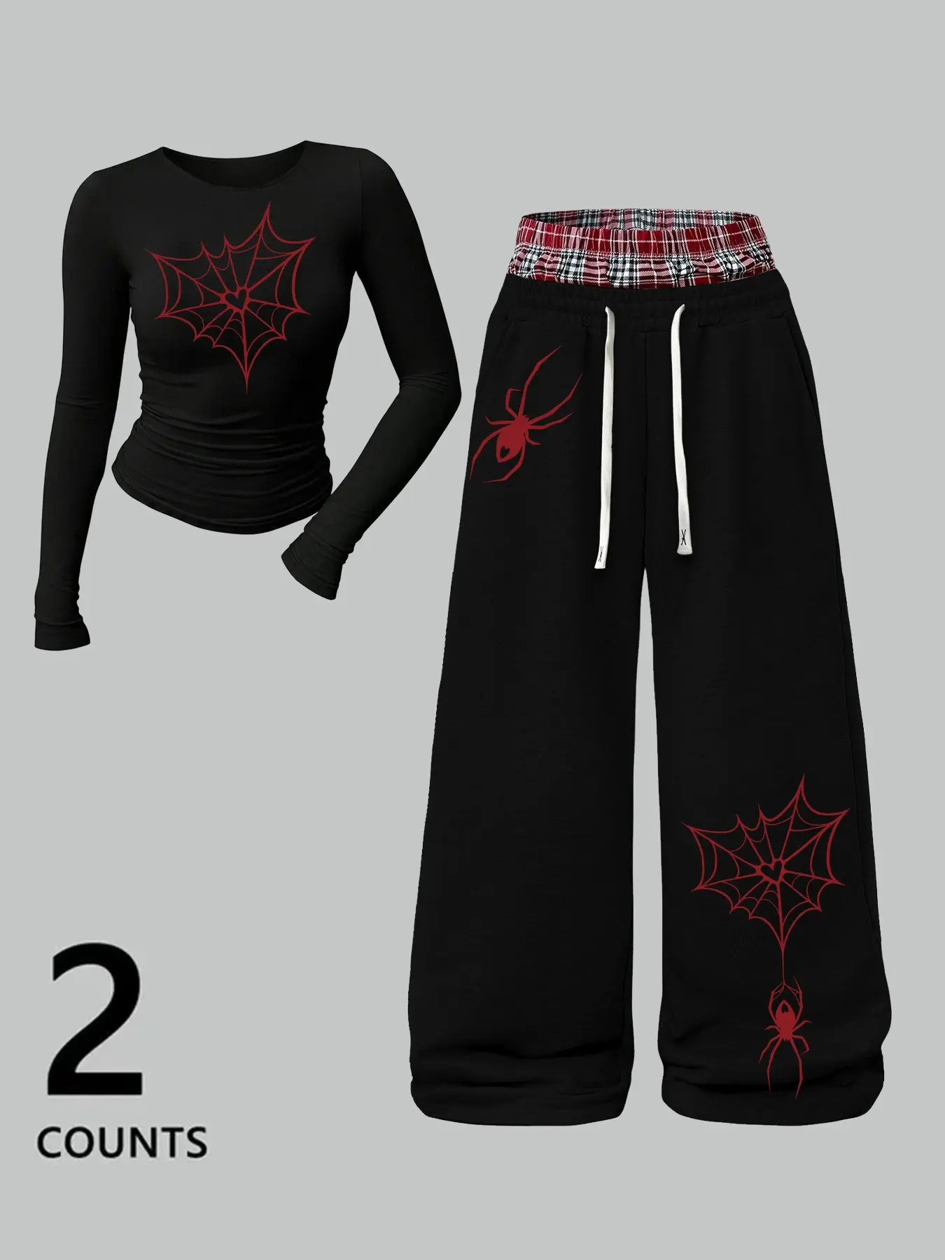 Women's Slim Fit Round Neck Long Sleeve Top + Casual Straight Leg Sports Pants Set, Spider Print, High Waist, All Seasons