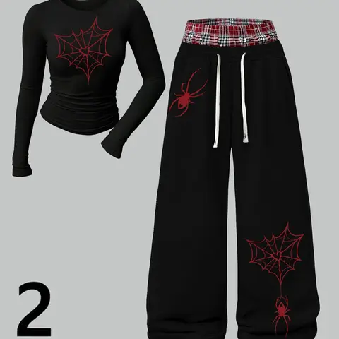 Women's Slim-Fit Round Neck Long Sleeve Top + Casual Straight Leg Sports Pants Set, Spider Print, High Waist, Casual Sporty Set for All Seasons Sporty Casual Wear