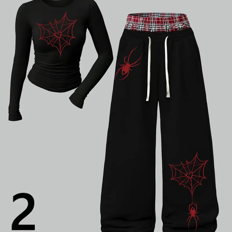 Women's Slim-Fit Round Neck Long Sleeve Top + Casual Straight Leg Sports Pants Set, Spider Print, High Waist, Casual Sporty Set for All Seasons Sporty Casual Wear