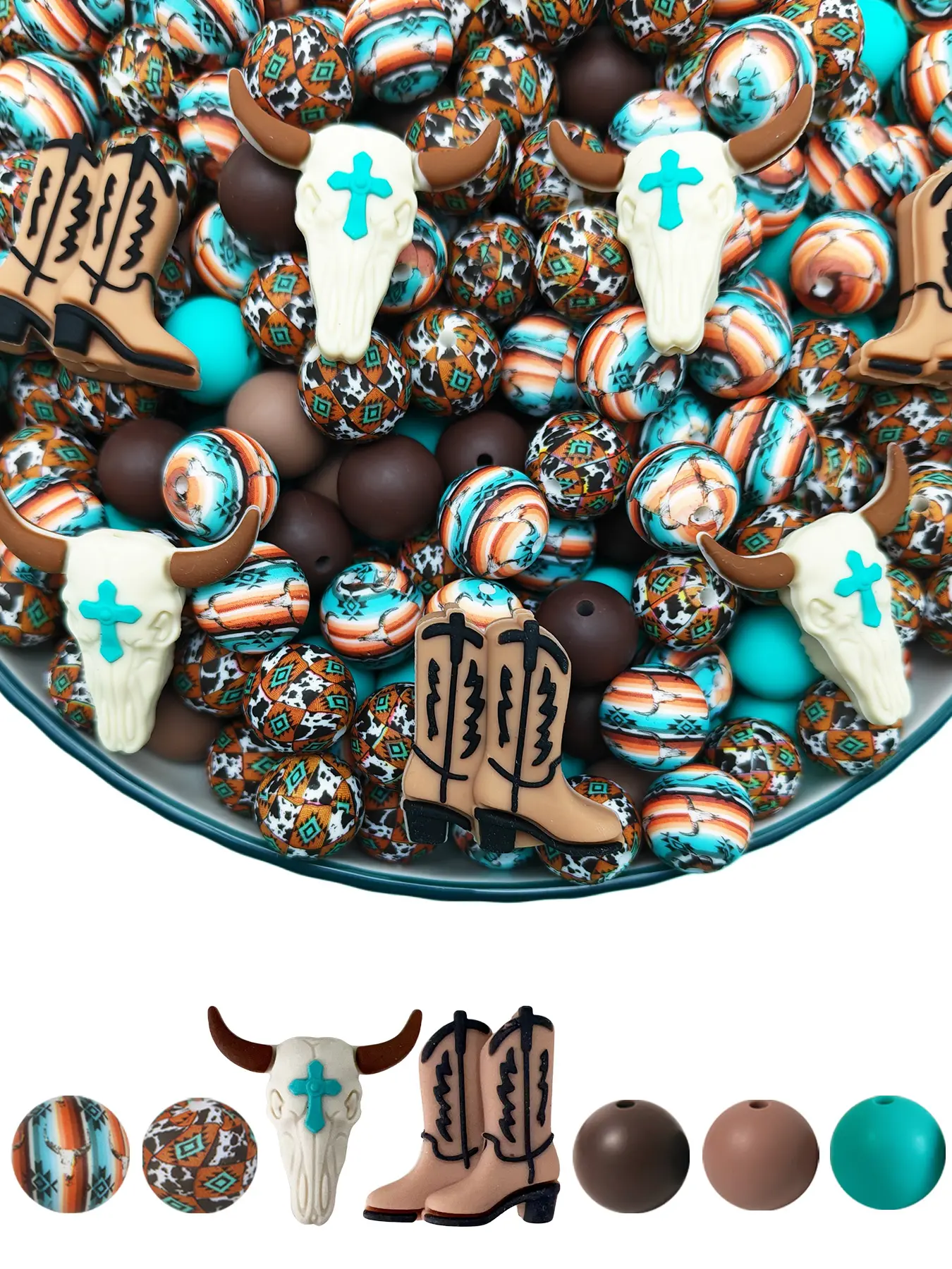 44pcs Western Cowboy Silicone Beads Set, Bull Skull Cross and Boot Shapes, Ethnic Geometric Print, Vintage Mix Color, Ideal for DIY Jewelry