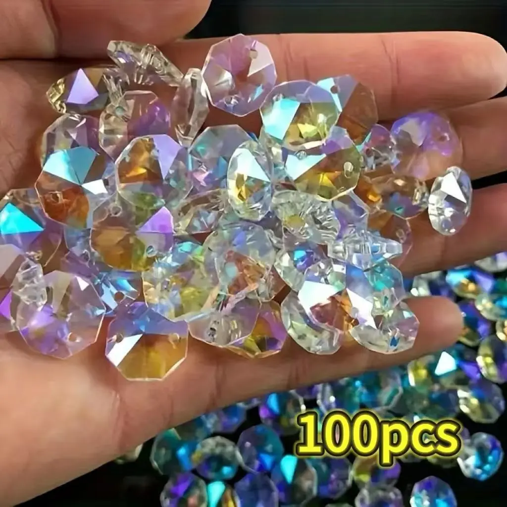 100pcs 14mm Dual Hole Octagonal Rainbow Prism Decorative Beads, Sunlight Catcher DIY Jewelry Making Supplies, Colorful Glass Crystal Beads, Beads For Jewelry Making